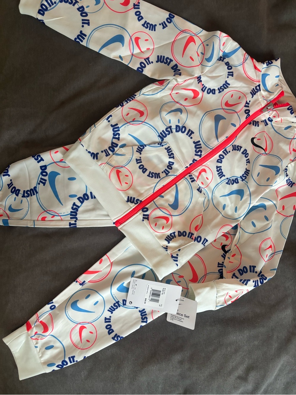 Nike Kids White Swim Rashguard Set with Blue and Pink Smiley Print - Picture 1 of 2